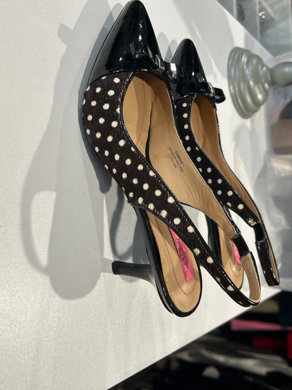 Isaac Mizrahi Black Polka Dot Pony Hair Slingback Heels with Patent Bow - Size 6
